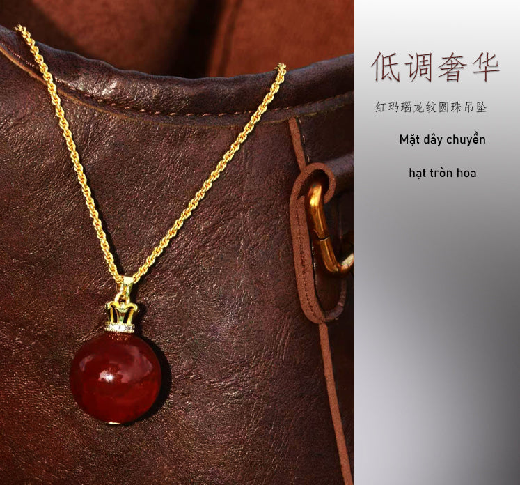 Red agate dragon pattern round bead pendant