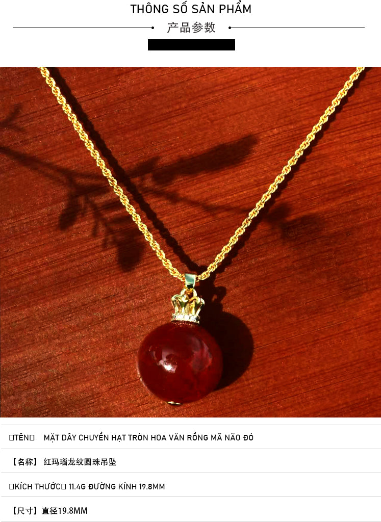 Red agate dragon pattern round bead pendant